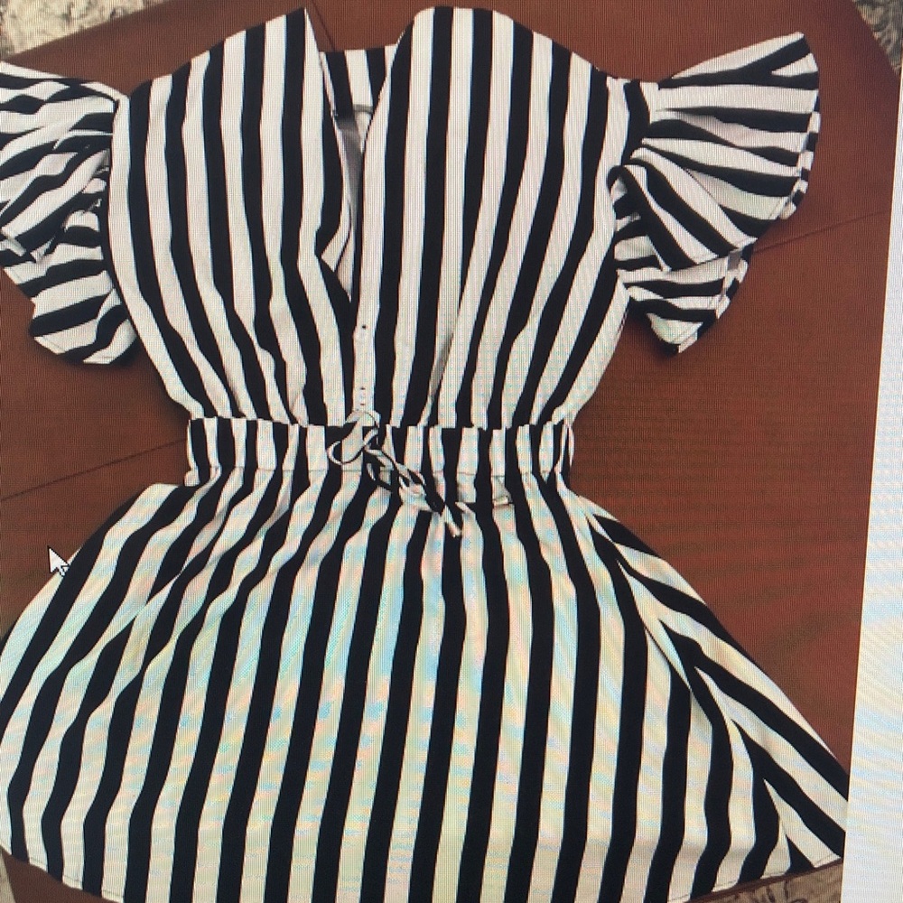 Black & White Stripe Kids Dress with Ruffle Sleeves
